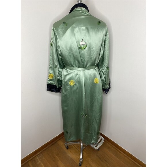 Vintage 100% Silk Kimono Robe Light Green Black XXL Embroidered Bird Floral Leaf - Picture 10 of 16